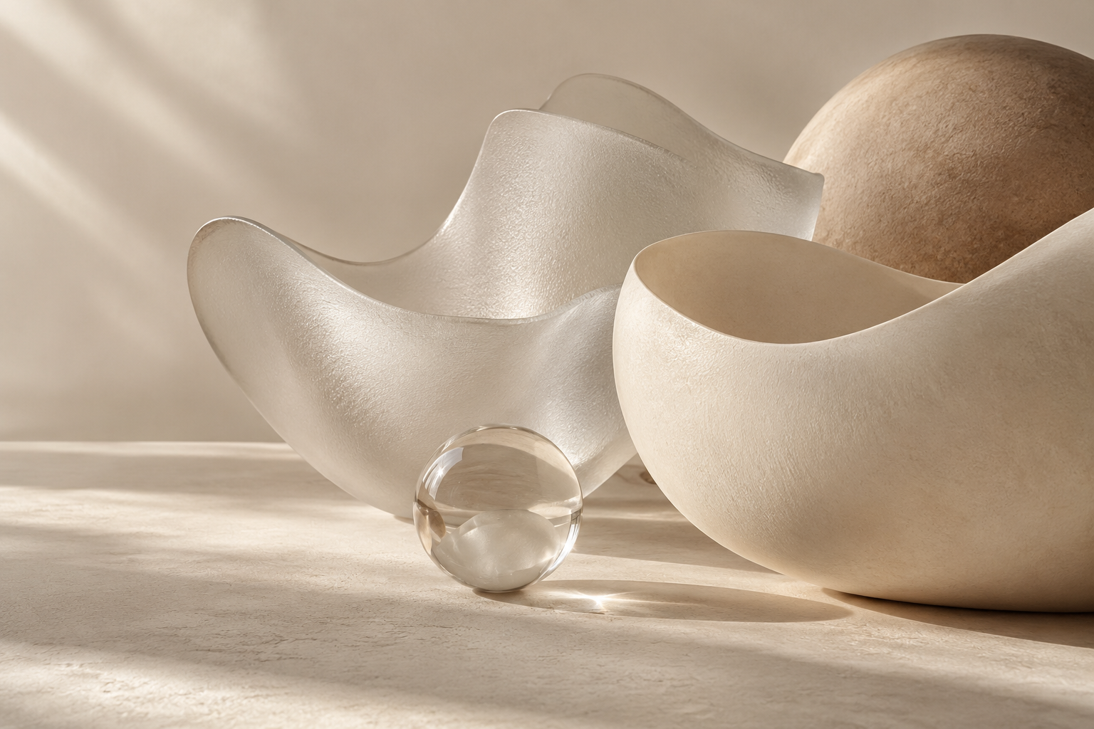Composição abstrata de formas de porcelana e vidro, ilustrando texturas e contornos